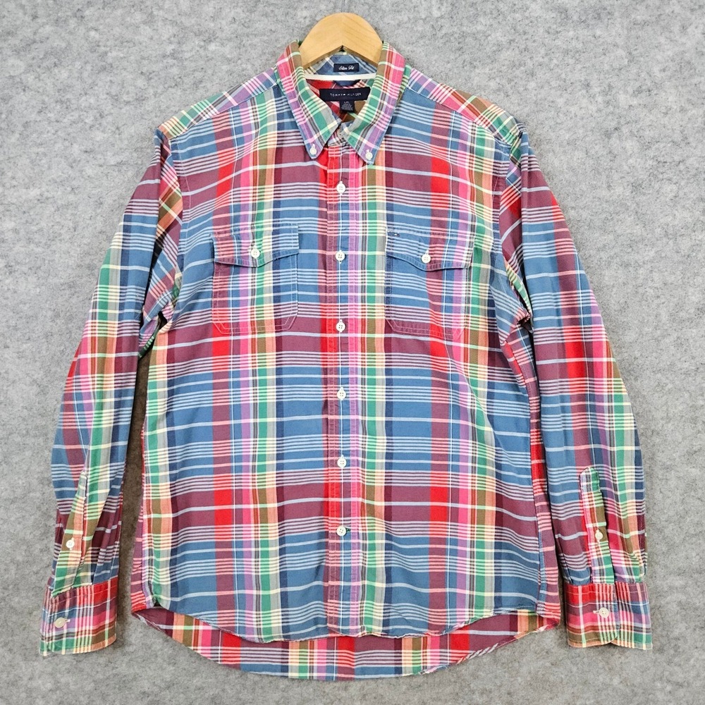Tommy Hilfiger Men's Bright Multicolor Shirt Size L Slim Fit 100% Cotton Preppy